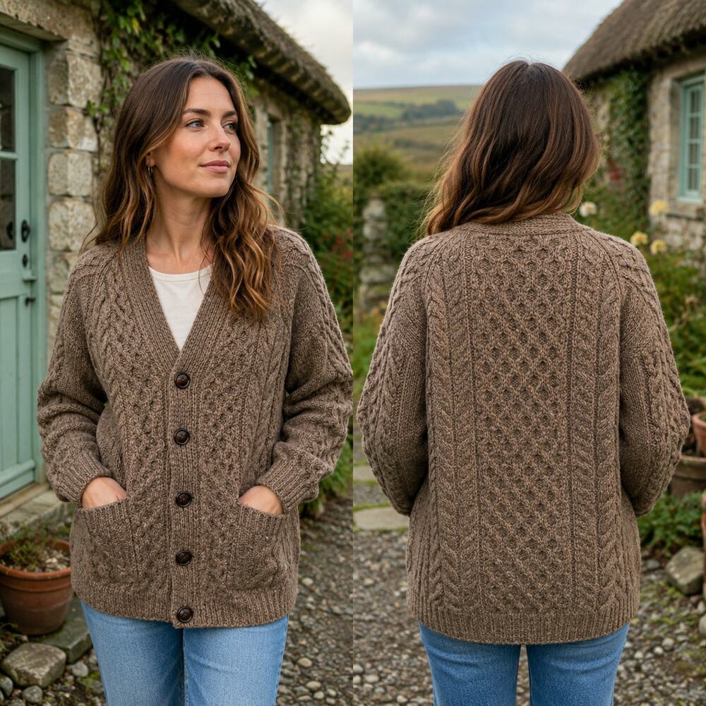 Irisfree Pure New Wool Aran Cardigan Brown Cable Knit Made in Ireland M